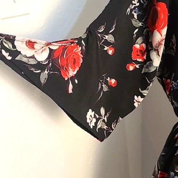 Stella Tweed Short Sleeve Black Dress Red/White Flowers Zipper Neckline,Size 1X - Picture 6 of 12